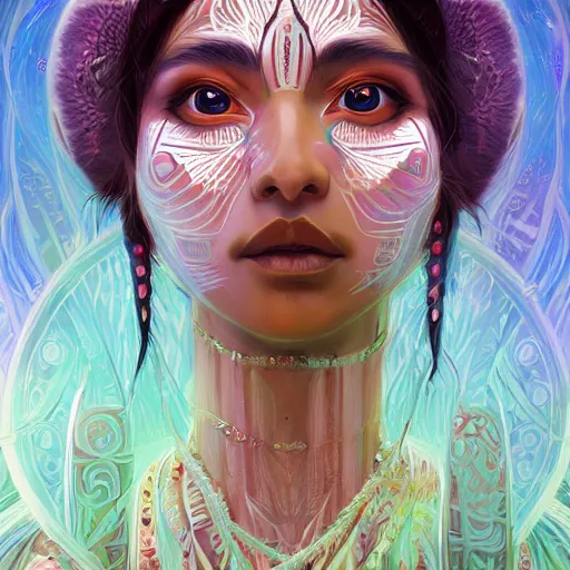 Image similar to portrait of a beautiful goddess future metaverse angel Ayahuasca tech shaman warrior, 2D cartoon, visionary art, symmetric, Magick symbols, holy halo, shipibo patterns, sci-fi, concept art, trending on art station, 8k digital art, by Mandy Jurgens, fantasy portrait art, anime