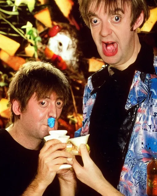 Image similar to rodney trotter drinking milk in a haunted jungle full of cheese at midnight with disco lights and dancing policeman