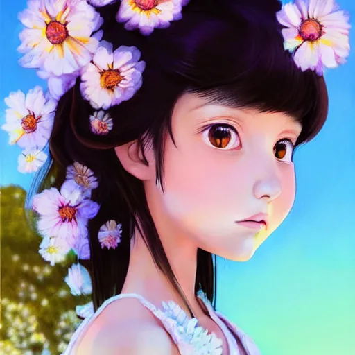 Image similar to little indigenous girl with flowers in hair wearing an white dress. art by ilya kuvshinov, profile picture, inspired in hirohiko araki, realistic, highly detailed, 8 0 s anime art style, vogue cover