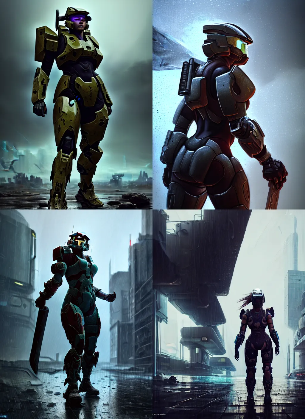 Prompt: a beefy bulky female warrior walking in a cyberpunk wasteland facing the camera, mjolnir armor from halo infinite, intricate, 8K, octane render, Digital painting, concept art, illustration, sharp focus, centered, good value control, realistic shading, rational painting, a rainy night, water, wet, rain, rainstorm, rubber undersuit