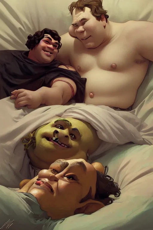 Image similar to pushkin and shrek lying in bed together, portrait, highly detailed, digital painting, artstation, concept art, smooth, sharp focus, illustration, cinematic lighting, art by artgerm and greg rutkowski and alphonse mucha