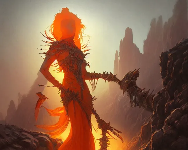 Image similar to light orange wastelands, with thin tall rocky spikes, deep focus, d & d, fantasy, intricate, elegant, highly detailed, digital painting, artstation, concept art, matte, sharp focus, illustration, hearthstone, art by artgerm and greg rutkowski and laura sava and alphonse mucha