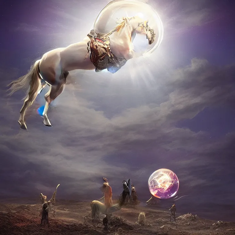 Image similar to Magical glowing sphere in midair, with a unicorn inside it. A white celestial unicorn is trapped inside the sphere. A burnt landscape is in the background. The sphere is held up by sinister rusting steel pincers that reach from the ground, and has a unicorn inside it. Digital art, by Gerald Brom