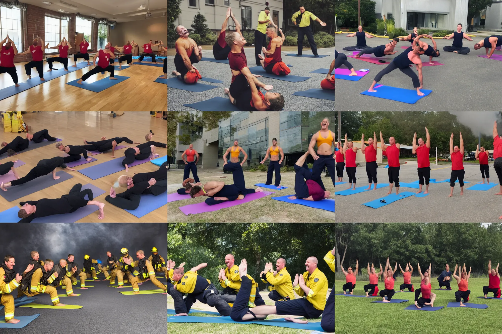 Prompt: six firefighters doing yoga, photo realistic, laughing