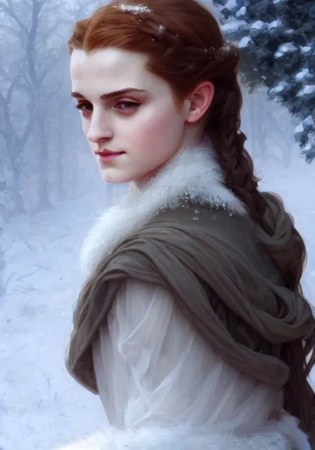 Prompt: sansa emma watson snow, intricate, elegant, highly detailed, digital painting, artstation, concept art, smooth, sharp focus, illustration, art by artgerm and greg rutkowski and alphonse mucha and william - adolphe bouguereau