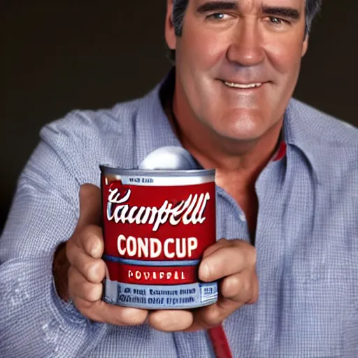 Prompt: Bruce Campbell holding can of campbell soup to the camera, 4k,