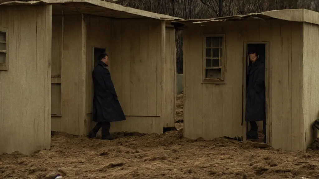 Prompt: a man in a trench coat walks into a shack, old technology lines the walls, film still from the movie directed by Denis Villeneuve, wide lens