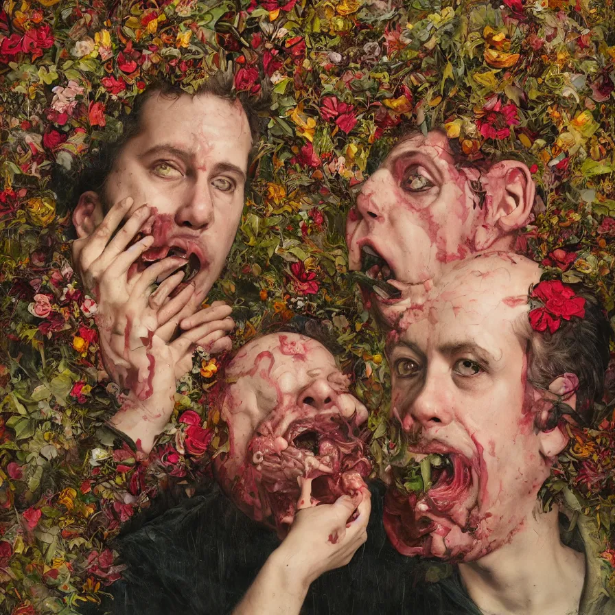 Image similar to male portrait of todd solondz eating babies and puking blood, surrounded by flowers by francis bacon, karol bak, james jean, tom bagshaw, rococo, trending on artstation, cinematic lighting, hyper realism, dramatic, emotional, octane render, 8 k, hyper detailed.