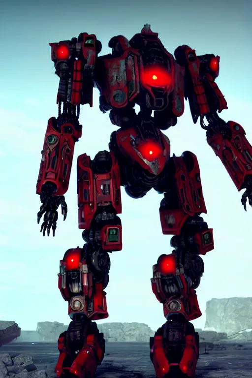 Image similar to a cinematic still from ruin city, full body red mech, armored core, intact humanoid servo, octane render, nvidia raytracing demo, masterpiece, aged armor plating, decipticon armor plating, aggressive head, endoekeleton exposure