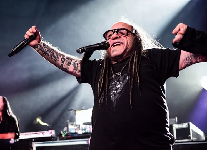 Prompt: publicity photo still of danny devito touring with korn live on stage, 8 k, live concert lighting, mid shot