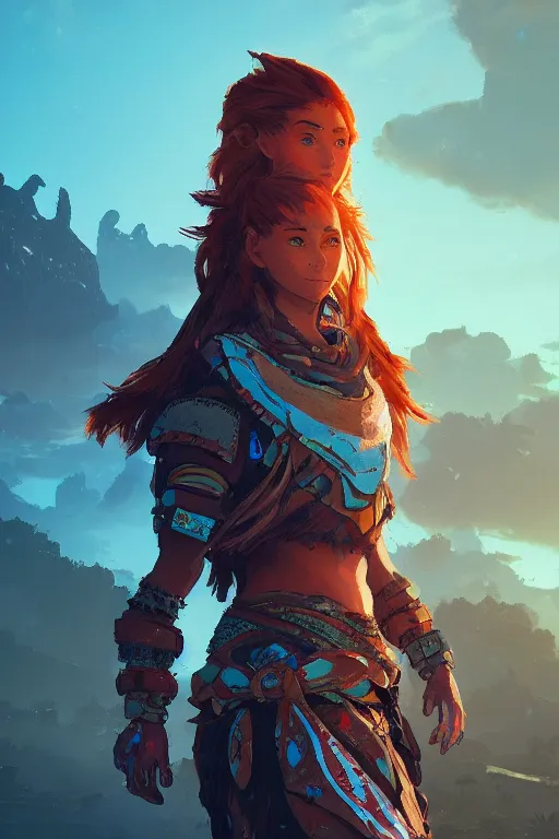 Image similar to combination suit armor aloy horizon forbidden west horizon zero dawn radiating a glowing aura global illumination ray tracing hdr fanart arstation by ian pesty and alena aenami artworks in 4 k tribal robot ninja mask helmet backpack