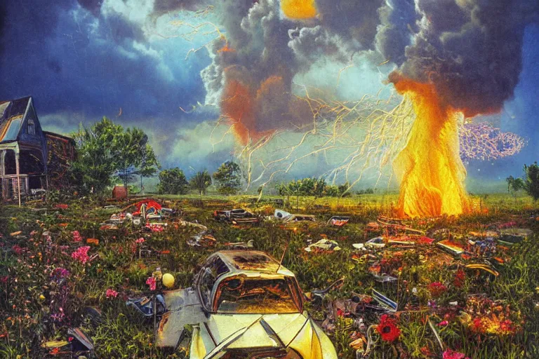 Prompt: hyperrealism, scene from church, tornado of fire, blue grass, thunderstorm, starship, junkyard, louisiana swamps, orange blooming flowers garden, 8 k, 8 0 s japanese sci - fi books art