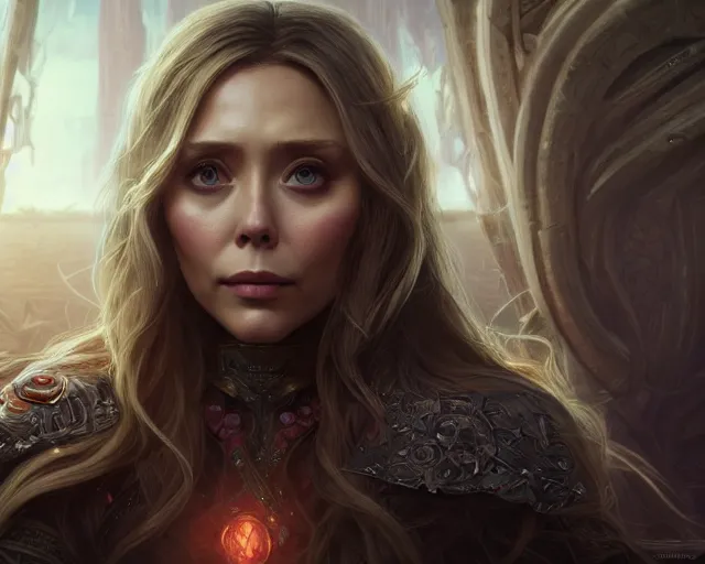 Image similar to a gaming screenshot still portrait of elizabeth olsen in final fantasy, deep focus, d & d, fantasy, intricate, elegant, highly detailed, digital painting, artstation, concept art, matte, sharp focus, illustration, dark fantasy style art, hearthstone, art by artgerm and greg rutkowski and alphonse mucha