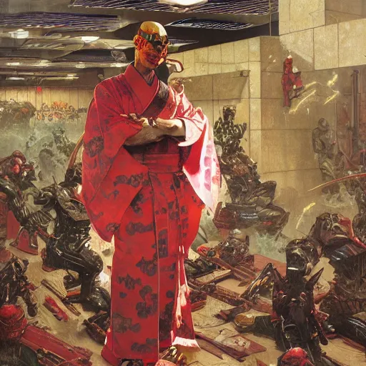 Image similar to the doomslayer wearing a kimono, art by norman rockwell and donato giancola and greg rutkowski,