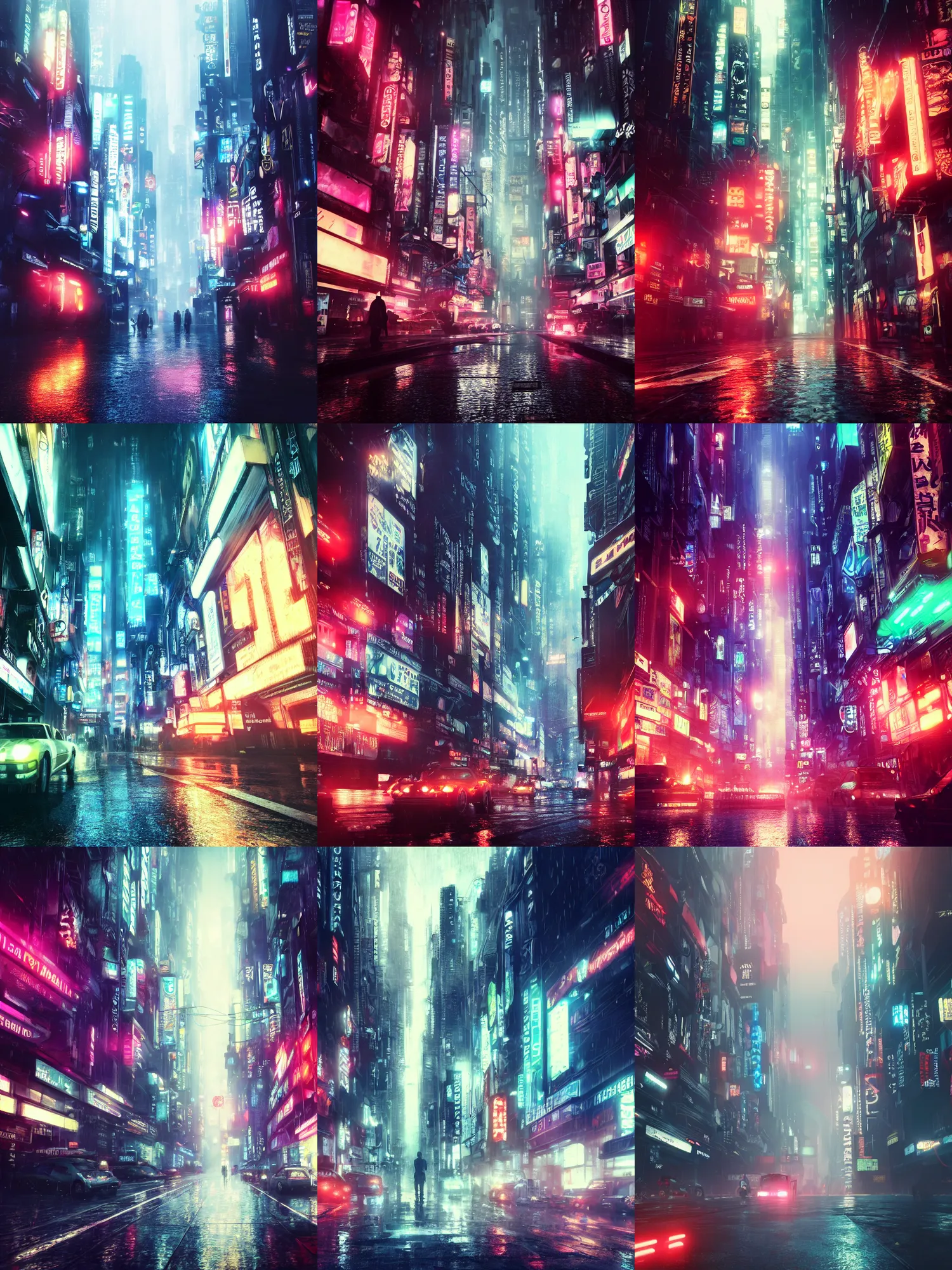 Prompt: photo of 8k ultra realistic blade runner city scape, neon, heavy rain, full of colour, cinematic lighting, battered, trending on artstation, 4k, hyperrealistic, focused, extreme details,unreal engine 5, cinematic, masterpiece, art by ayami kojima, giger