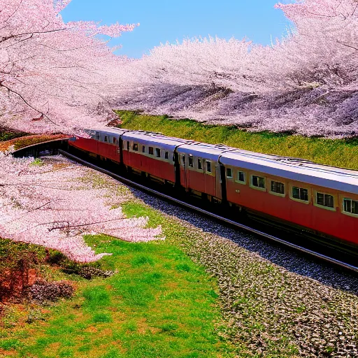 Prompt: photo of a Japanese train in the countryside, cherry blossom trees blooming, golden ratio, beautiful, happy,