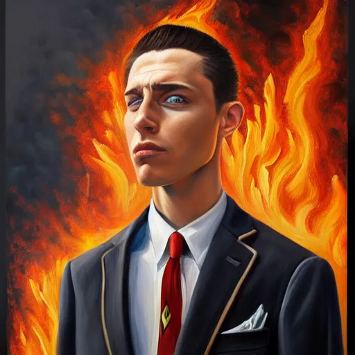 Image similar to a hyper realistic painting of a patient young man in a burning business suit, coherent symmetrical eyes, calm face, by jeffrey smith, by andrea kowch, by steve henderson, masterpiece, trending on artstation,