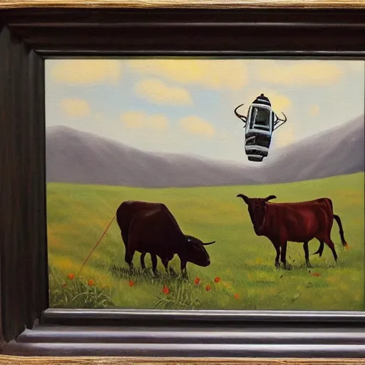 Image similar to a ufo stealing cows, painting