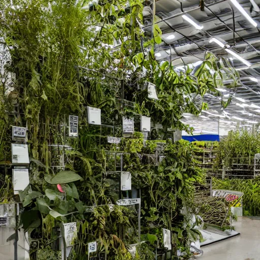 Prompt: an abandoned ikea store covered with vegetation, realistic, nikon