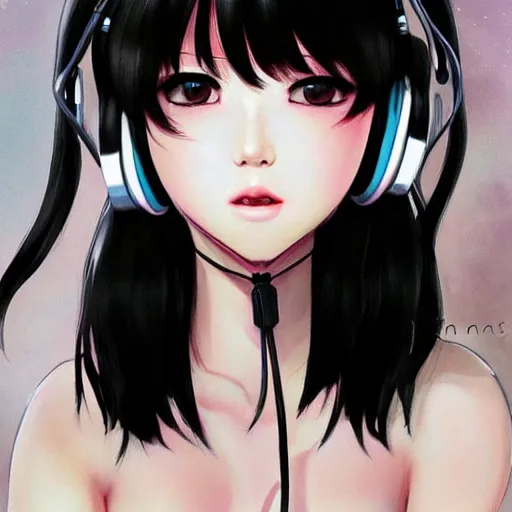 Prompt: realistic beautiful gorgeous buxom natural cute blushed shy girl Blackpink Lalisa Manoban black hair fur black cat ears, wearing white camisole, headphones, black leather choker artwork drawn full HD 4K highest quality in artstyle by professional artists WLOP, Taejune Kim, Guweiz, Aztodio on Pixiv Instagram Artstation