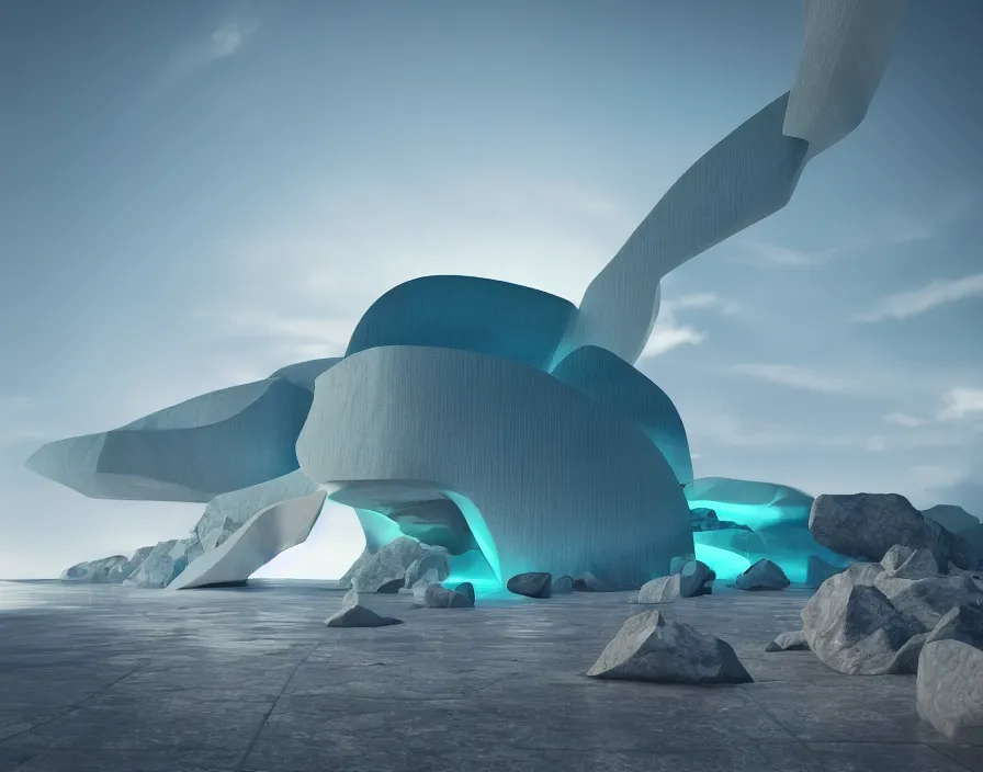 Image similar to transitions between flying rocks. minimalist architecture, zaha hadid, oscar niemeyer, architectural rendering. trending on artstation. vogue magazine. halo. octane rendering, cinematic, hyperrealism, bokeh. iridescent accents. teal gold and blue color scheme