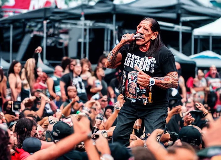 Image similar to photo still of danny trejo at vans warped tour!!!!!!!! at age 6 3 years old 6 3 years of age!!!!!!! stage diving at a crowd, 8 k, 8 5 mm f 1. 8, studio lighting, rim light, right side key light