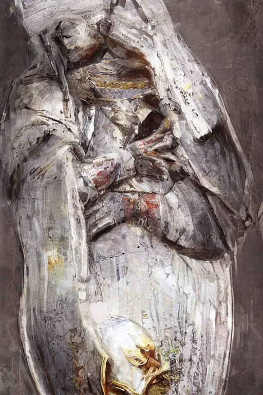 Image similar to man in decorated with gold in baroque style crusader armor, helmet hiding his face and white cape standing at the gates of jerusalem drawn by greg rutkowski realistic high detail