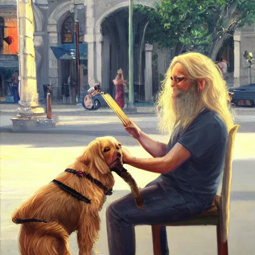 Image similar to oil painting of a young man with long hair blond and a beard hippie style with his golden retrever dog playing piano in the square for money, people watching around, by greg rutkowski, artstation