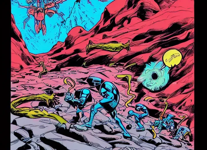 Image similar to comic book drawing of aliens building a base at the grand canyon by jack kirby!!! and gris grimly, cinematic, epic, awesome bright color palette, hard contrast, black ink outlines