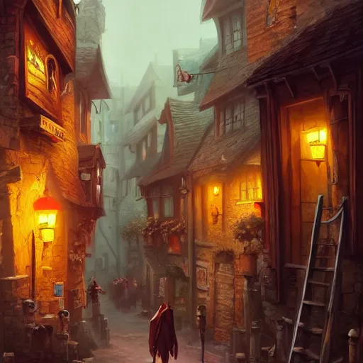 Image similar to a busy street within a fascinating old fantasy city, quirky shops, narrow streets, old buildings, old stone steps, street life, by Sylvain Sarrailh, cinematic, stunning composition, beautiful digital painting, oil painting, dungeons and dragons, lord of the rings