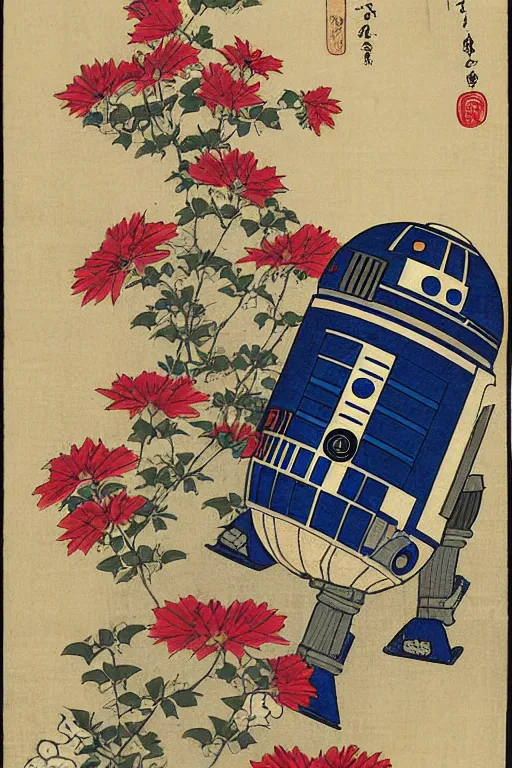 Image similar to Japanese woodblock print of r2d2 amongst the flowers, hokusai