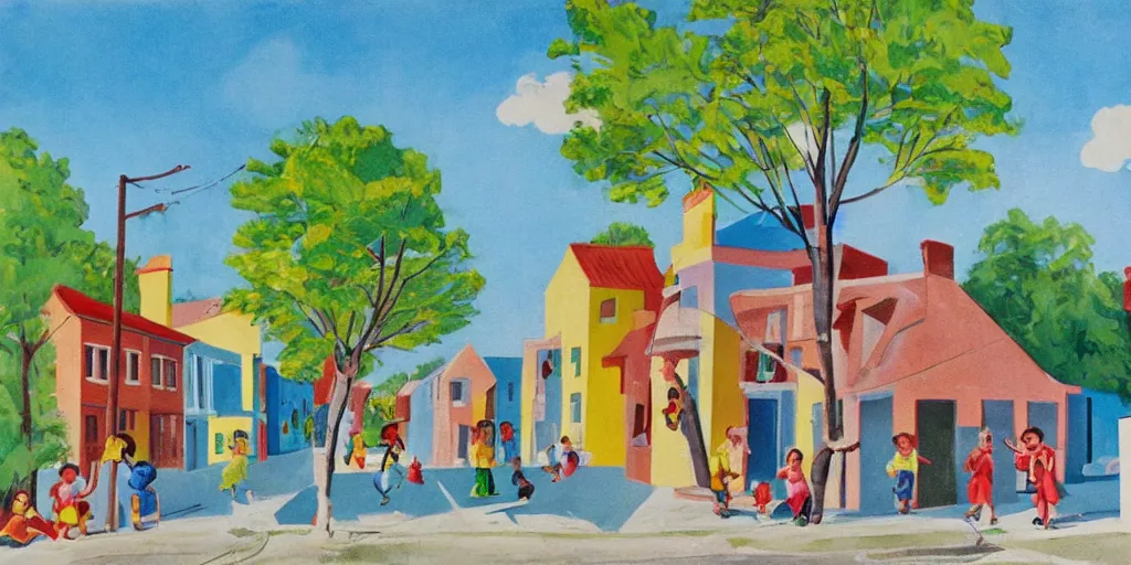 Image similar to 1 9 4 0 s corner of a concrete row house, painted in bright colors, children playing on the street, trees, blue sky, sunny day