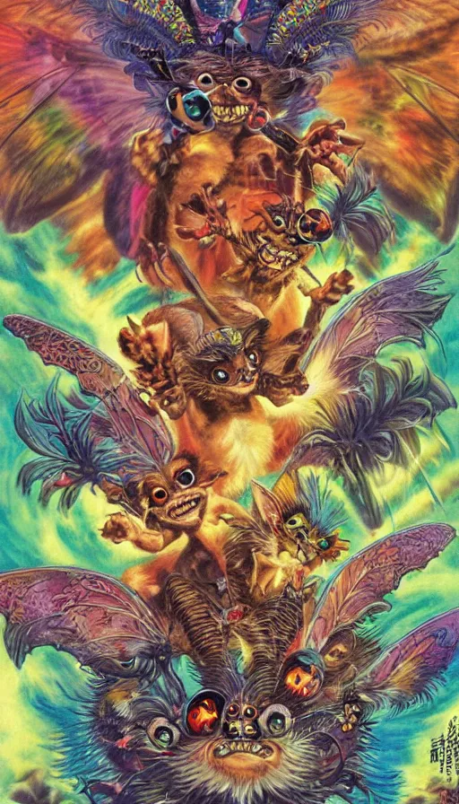 Image similar to gremlins vs mothra art by Noriyoshi Ohrai and Lisa Frank