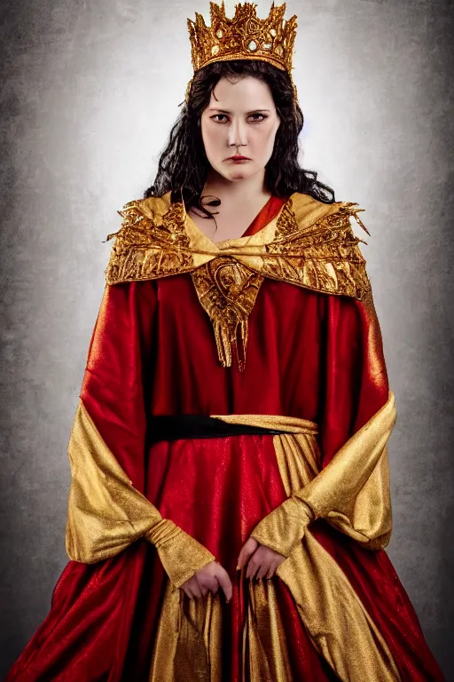 Image similar to adult portrait of historically accurate, ancient biblical, sultry, sneering, evil, pagan, wicked, young queen jezebel, wearing gilded red robes, long black hair, intricate, elegant, highly detailed, digital photograph, photorealistic, 8k, cinematic, smooth, sharp focus