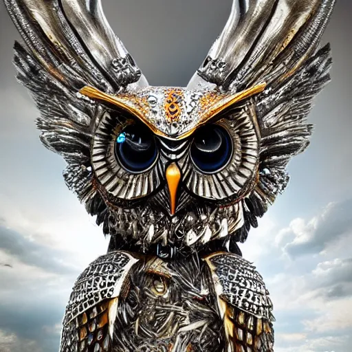 Image similar to warrior with jewel encrust metal owl armour, highly detailed, 4k, HDR, smooth, sharp focus, hyper realistic, high resolution