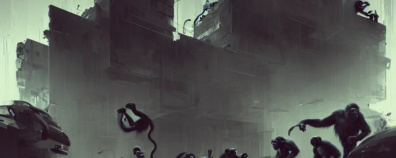 Image similar to duotone noir concept illustration of group wild and crazy apes ruining office rooms, octane render, concept hideo kojima surreal atmosphere, abandoned buildings volumentric lighting. cosmic horror. accidental renaissance. by sachin teng and sergey kolesov and ruan jia and heng z. graffiti art, scifi, fantasy, hyper detailed. trending on artstation