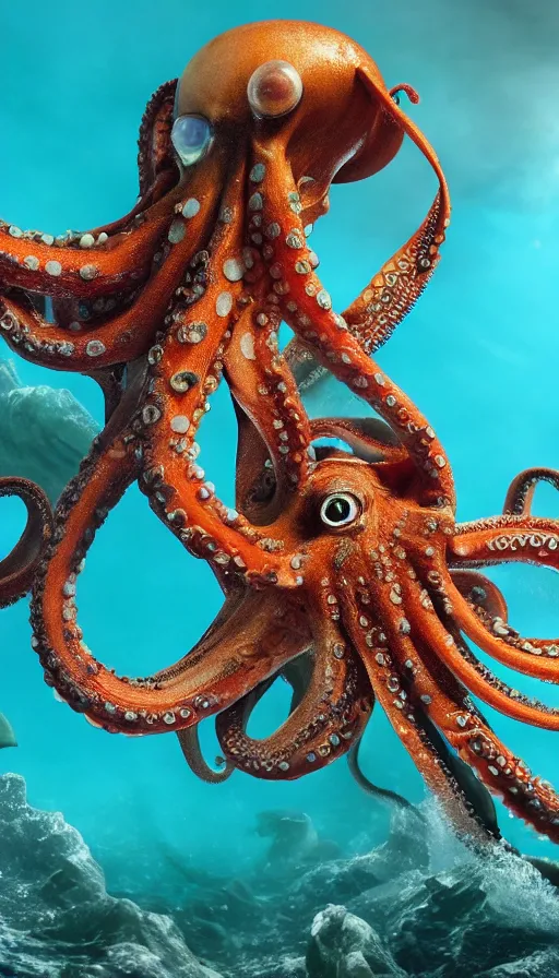 Image similar to A octopus in the ocean centered-photograph film still, dynamic action pose, National Geographic, insane detail, intricate, highly detailed, Zeiss Lens, DSLR photography, smooth, sharp focus, Unreal Engine 5, Octane Render, Redshift, depth of field 8K