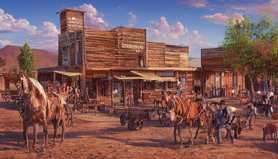 Prompt: an old west cowboy town, digital art, highly detailed, realistic, bright colors, 8 k