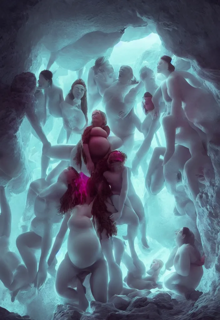 Image similar to epic pregnant woman talking to all her tribe with fluorescence bodies, proud people gather around the pregnant woman, ice cave, facinating, fantasy digital art, octane render, beautiful composition, trending on artstation, award - winning, masterpiece