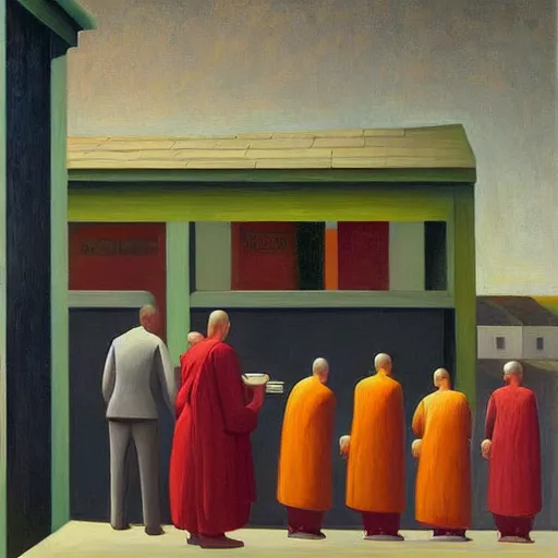 Image similar to monks queue up for ice cream, grant wood, pj crook, edward hopper, oil on canvas