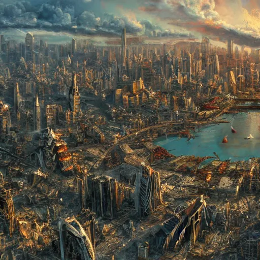 Image similar to fully destroyed city from bird view fantasy landscape, high detail, fantasy art, concept art, 4 k, ultra detail, computer art