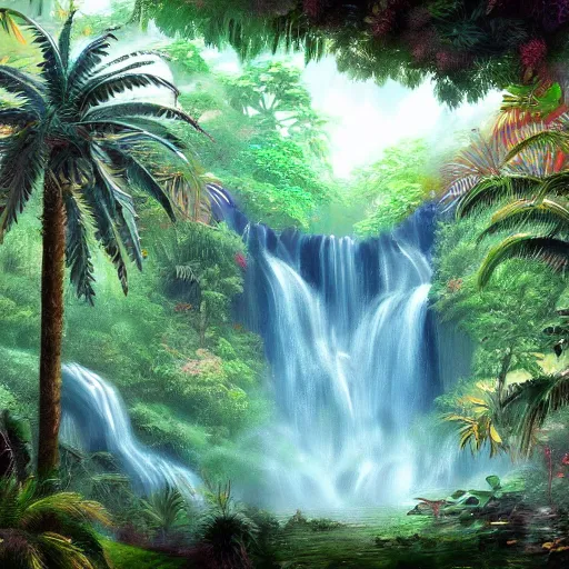 Prompt: A big palace in a tropical forest with waterfalls, retrowave art,digital art trending on art station