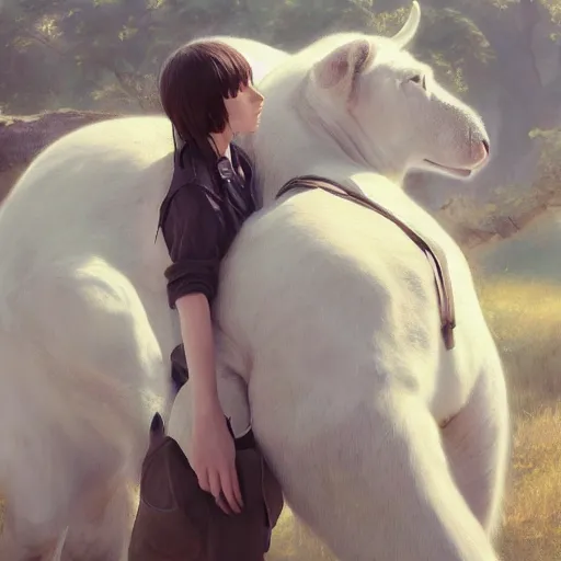 Image similar to a person hugging a large white animal, a detailed painting by krenz cushart, pixiv contest winner, fantasy art, official art, detailed painting, pixiv. highly detailed. 4 k masterpiece. unreal engine. photorealistic. realism. cinematic. photorealism. wideshot. coherent.