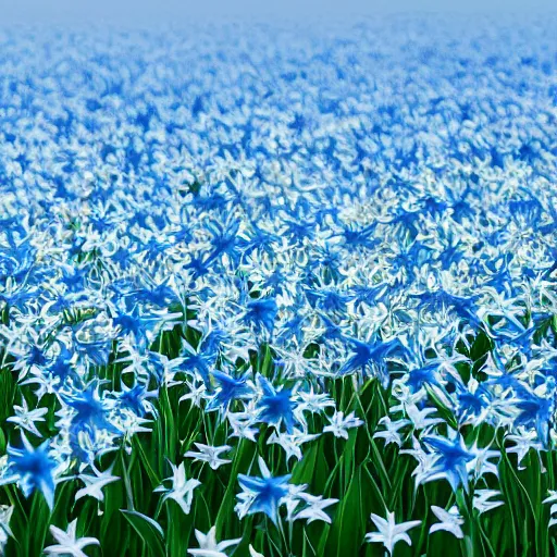 Image similar to field of light blue lilys, minimalistic art