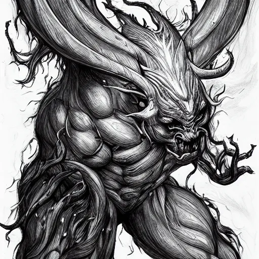 Image similar to full body grayscale drawing by Anato Finnstark of muscled horned humanoid beast, swirling flames