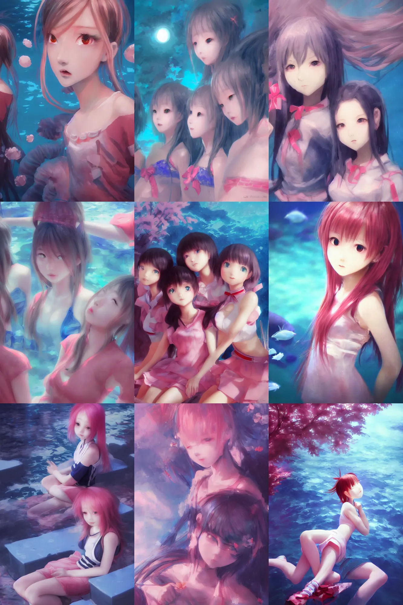 Prompt: 3d infrared octane render complex concept art by D. Jun, by Mo Xiang Tong Xiu, by Igarashi Daisuke, cute beauty minimalist portrait anime sad friends school girls under dark pink and blue underwater pool. beautiful and cutest sad face. dramatic deep light, trending on artstation, oil painting brush