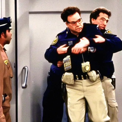 Prompt: George Costanza being arrested by Kramer on an episode of Seinfeld