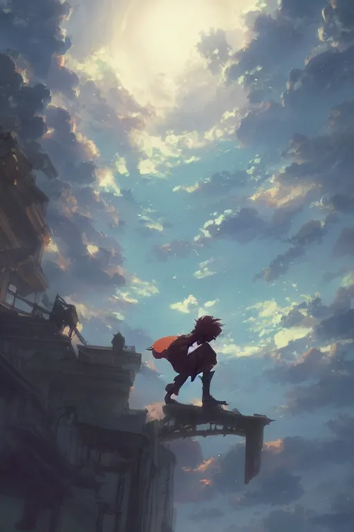 Image similar to a young man falling from the sky towards a magical city with a european style at night, illustration concept art anime key visual trending pixiv fanbox by wlop and greg rutkowski and makoto shinkai and studio ghibli