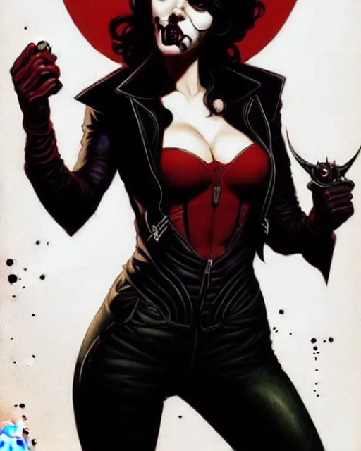 Image similar to rafael albuquerque comic art, art nouveau, peter mohrbacher, artgerm, pretty scarlett johansson vampire sharp vampire teeth open mouth, symmetrical eyes, black leather jacket, jeans, long blonde hair, full body