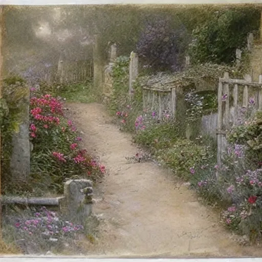 Image similar to (((((((victorian english cottage with a stone path and a flower garden))))))) . muted colors. by Jean-Baptiste Monge !!!!!!!!!!!!!!!!!!!!!!!!!!!!!!!!!!!!!!!!